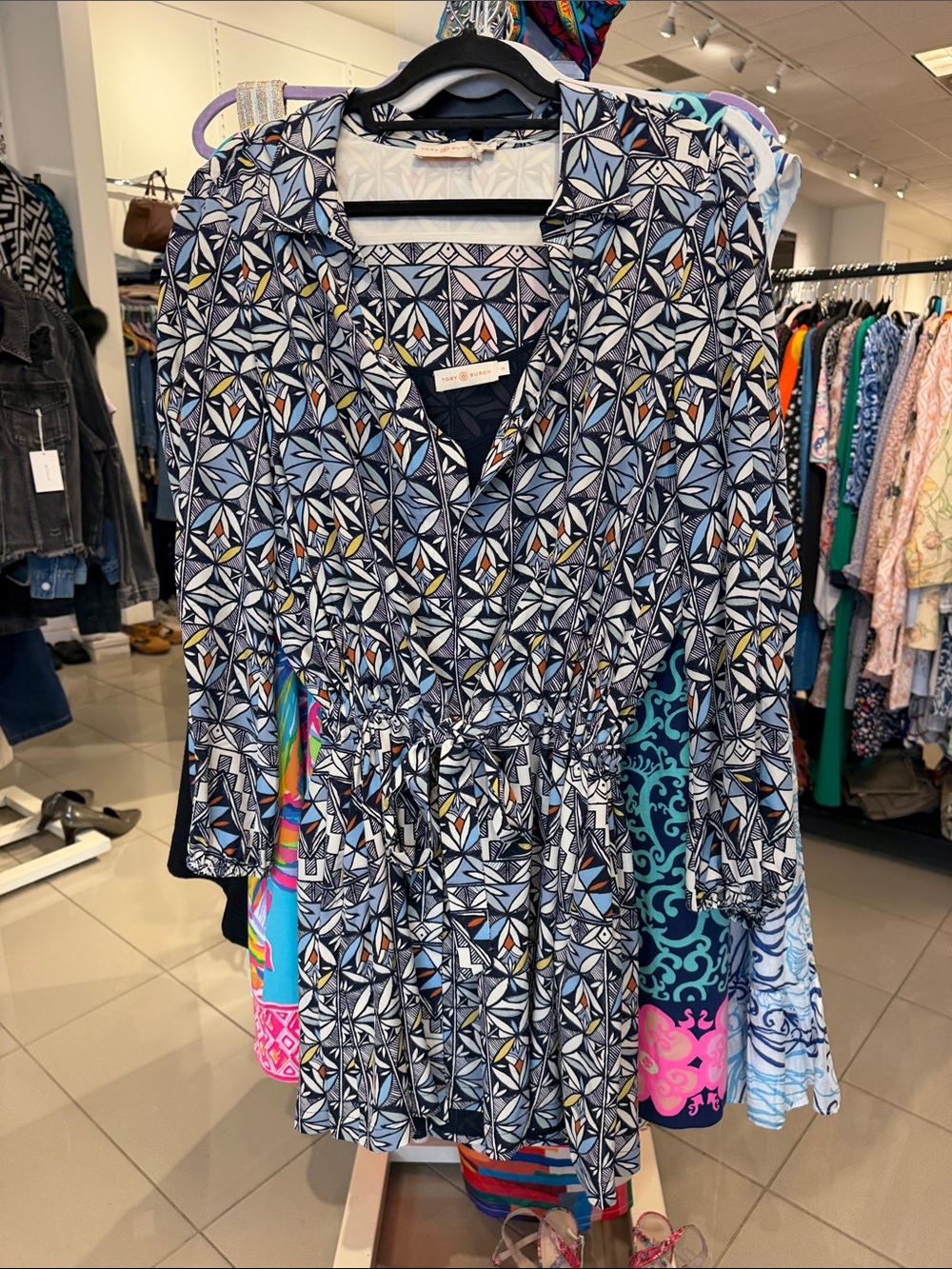Tory Burch Navy Geometric Mini Dress with White and Gold Accents